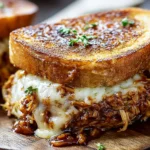 BBQ Chicken Grilled Cheese Sandwiches with melty Havarti, saucy shredded BBQ chicken, and golden garlic-butter sourdough.