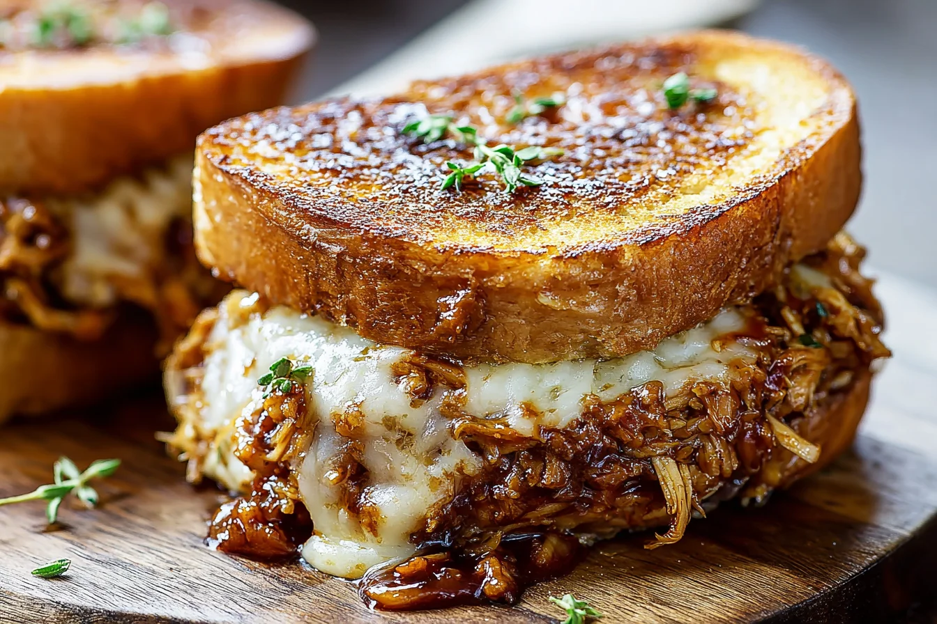 BBQ Chicken Grilled Cheese Sandwiches with melty Havarti, saucy shredded BBQ chicken, and golden garlic-butter sourdough.