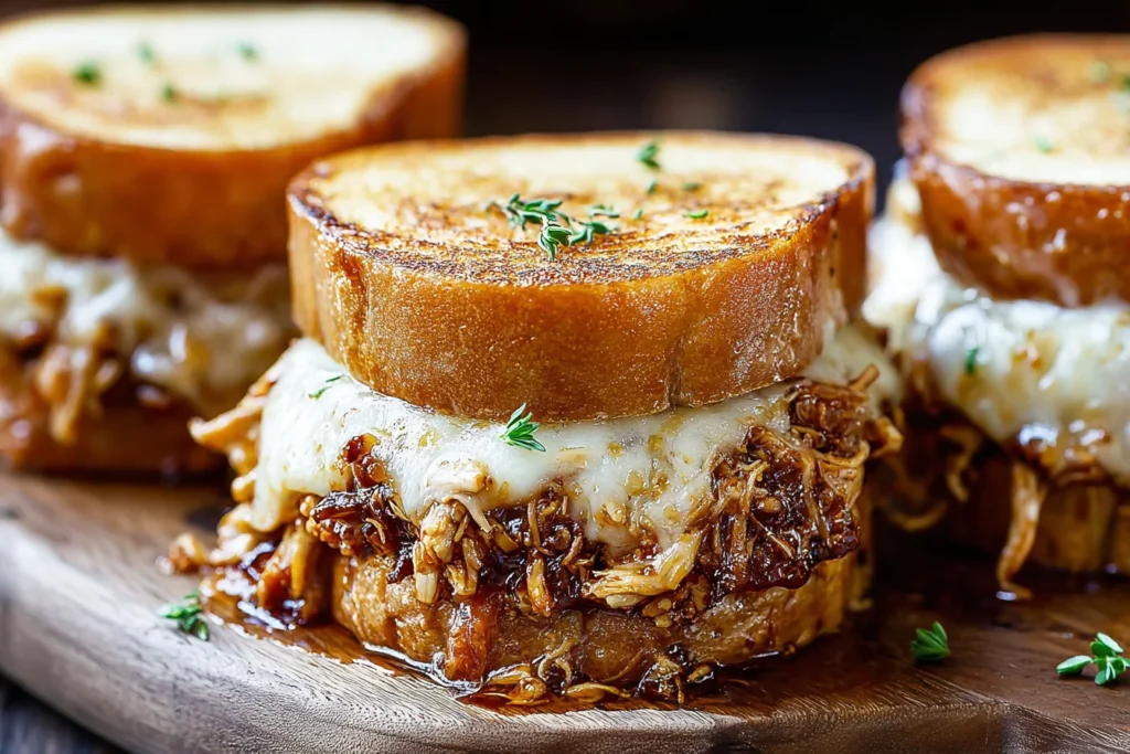 BBQ Chicken Grilled Cheese Sandwiches on toasted garlic-butter sourdough with gooey Havarti and saucy shredded BBQ chicken, sprinkled with herbs.
