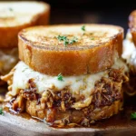 BBQ Chicken Grilled Cheese Sandwiches on toasted garlic-butter sourdough with gooey Havarti and saucy shredded BBQ chicken, sprinkled with herbs.