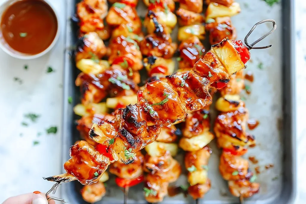 BBQ Pineapple Chicken Kabobs close-up on a skewer with glazed grilled chicken, caramelized pineapple, and peppers, with extra BBQ sauce for dipping.