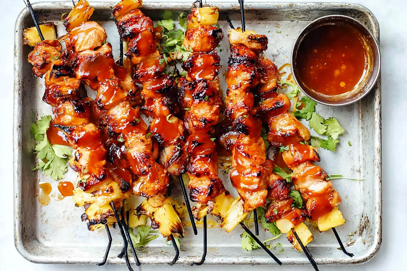 BBQ Pineapple Chicken Kabobs on a baking sheet with caramelized pineapple, grilled chicken, and glossy BBQ-teriyaki sauce, served with extra sauce.