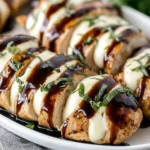 Balsamic Baked Chicken Breast with Mozzarella Cheese topped with melted mozzarella, fresh basil, and a rich balsamic glaze drizzle.