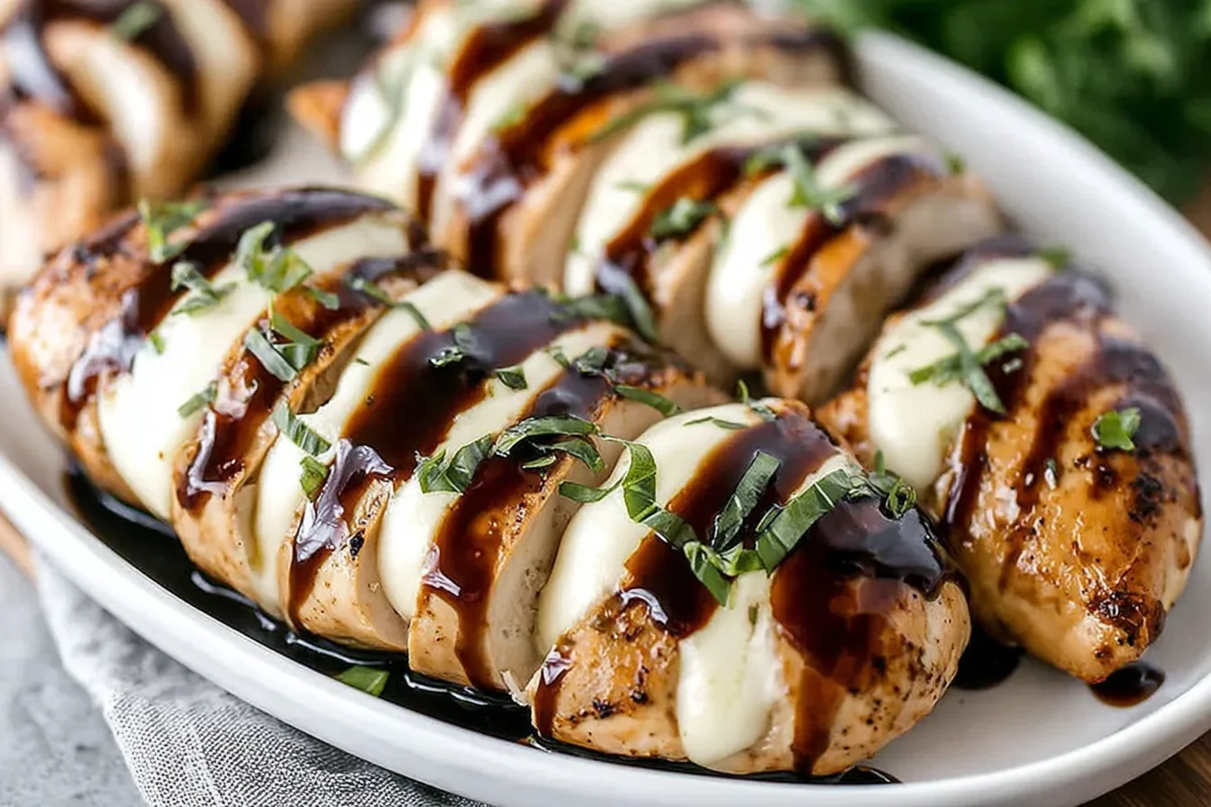Balsamic Baked Chicken Breast with Mozzarella Cheese topped with melted mozzarella, fresh basil, and a rich balsamic glaze drizzle.