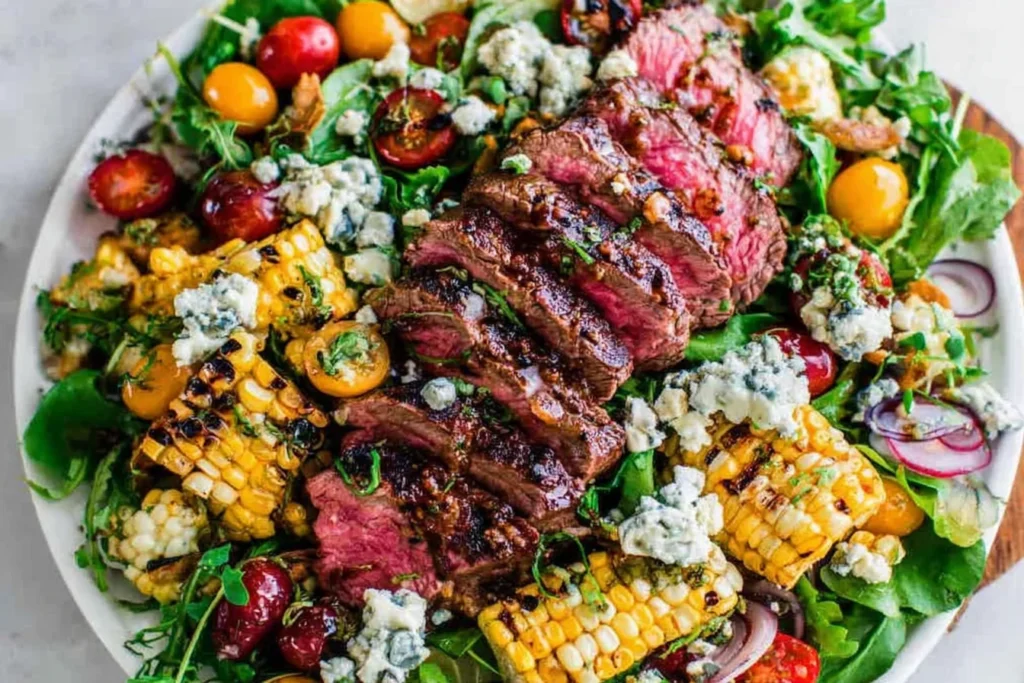 Balsamic Steak Gorgonzola Salad with Grilled Corn with sliced grilled sirloin, charred corn, cherry tomatoes, spring greens, red onion, and creamy Gorgonzola.