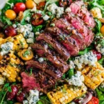 Balsamic Steak Gorgonzola Salad with Grilled Corn with sliced grilled sirloin, charred corn, cherry tomatoes, spring greens, red onion, and creamy Gorgonzola.