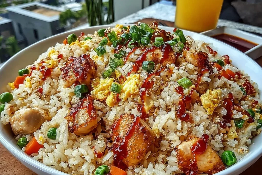 Bang Bang Fried Rice piled high with crispy chicken, fluffy eggs, peas, carrots, and green onions, finished with a spicy-sweet drizzle.