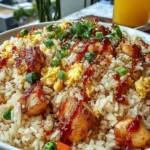 Bang Bang Fried Rice piled high with crispy chicken, fluffy eggs, peas, carrots, and green onions, finished with a spicy-sweet drizzle.