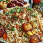 Bang Bang Fried Rice in a bowl with crispy rice, chicken, peas, carrots, scrambled eggs, and a drizzle of spicy sweet sauce.