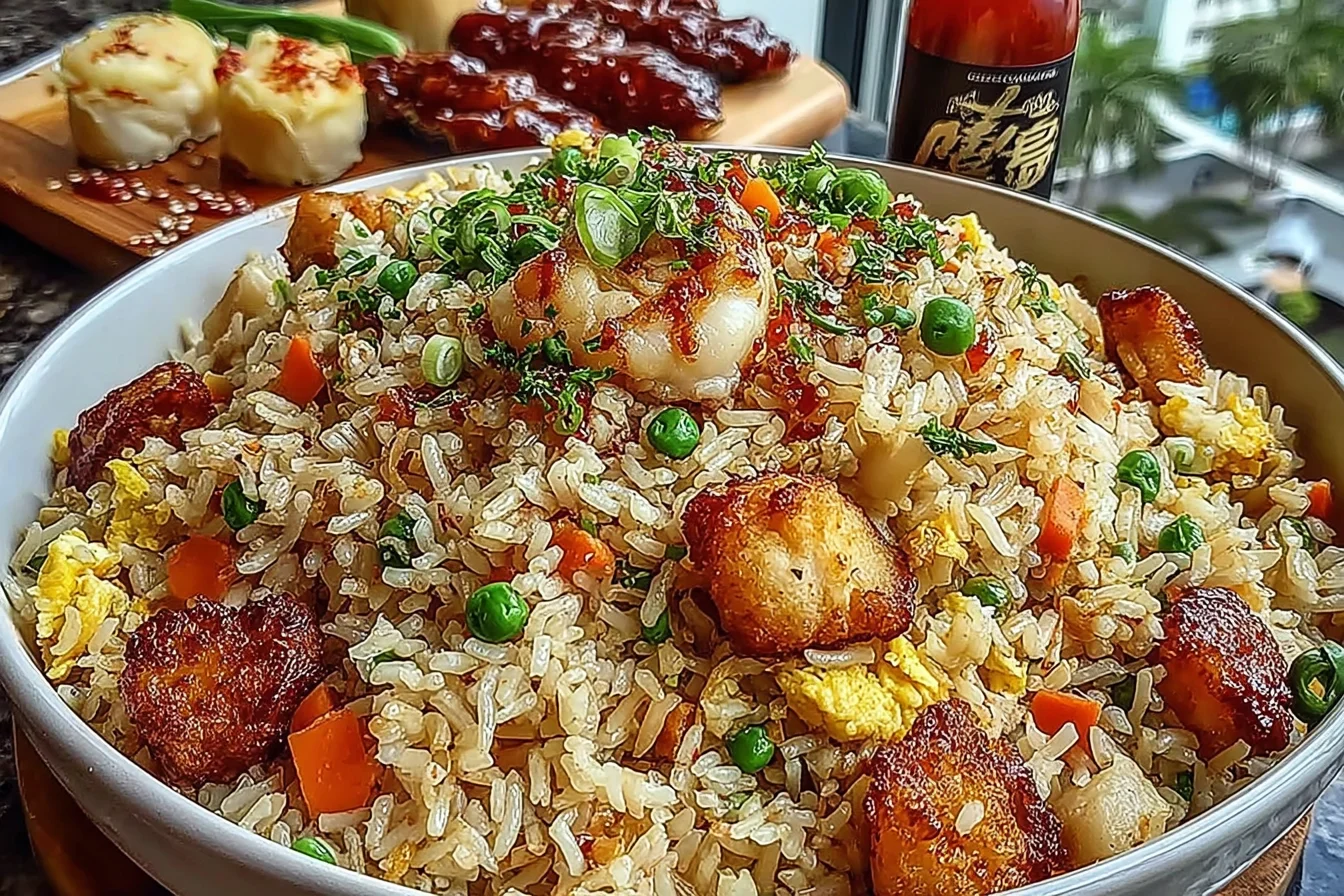 Bang Bang Fried Rice in a bowl with crispy rice, chicken, peas, carrots, scrambled eggs, and a drizzle of spicy sweet sauce.