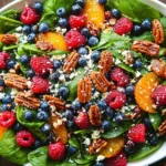 Berry Spinach Salad with Blueberries and Raspberries in a white bowl with feta, toasted pecans, mandarin oranges, and balsamic glaze.