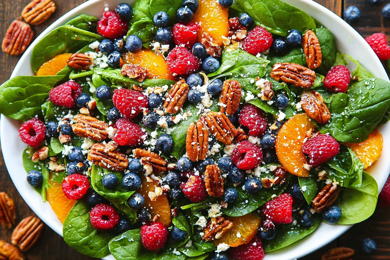 Berry Spinach Salad with Blueberries and Raspberries in a white bowl with feta, toasted pecans, mandarin oranges, and balsamic glaze.