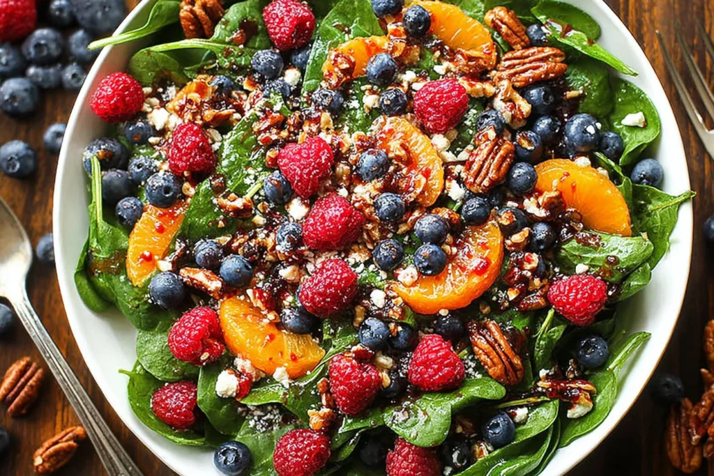 Berry Spinach Salad with Blueberries and Raspberries topped with feta, toasted pecans, mandarin oranges, and a thick balsamic glaze drizzle.