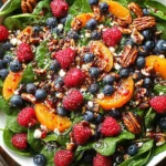 Berry Spinach Salad with Blueberries and Raspberries topped with feta, toasted pecans, mandarin oranges, and a thick balsamic glaze drizzle.