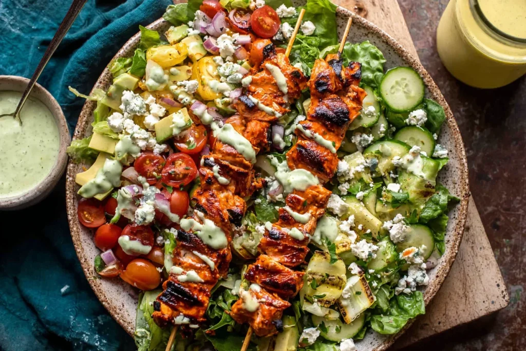 Chopped Buffalo Chicken Skewer Salad topped with grilled buffalo chicken skewers, cucumbers, tomatoes, avocado, blue cheese, and creamy herb dressing.