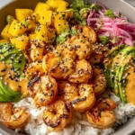 Shrimp and Avocado Bowl with charred chili shrimp, fluffy white rice, mango salsa, creamy avocado, and spicy lime drizzle topped with black sesame.