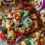 BBQ Chicken Flatbread slices with melted mozzarella, BBQ chicken, red onion, jalapeños, and fresh cilantro on a baking sheet.