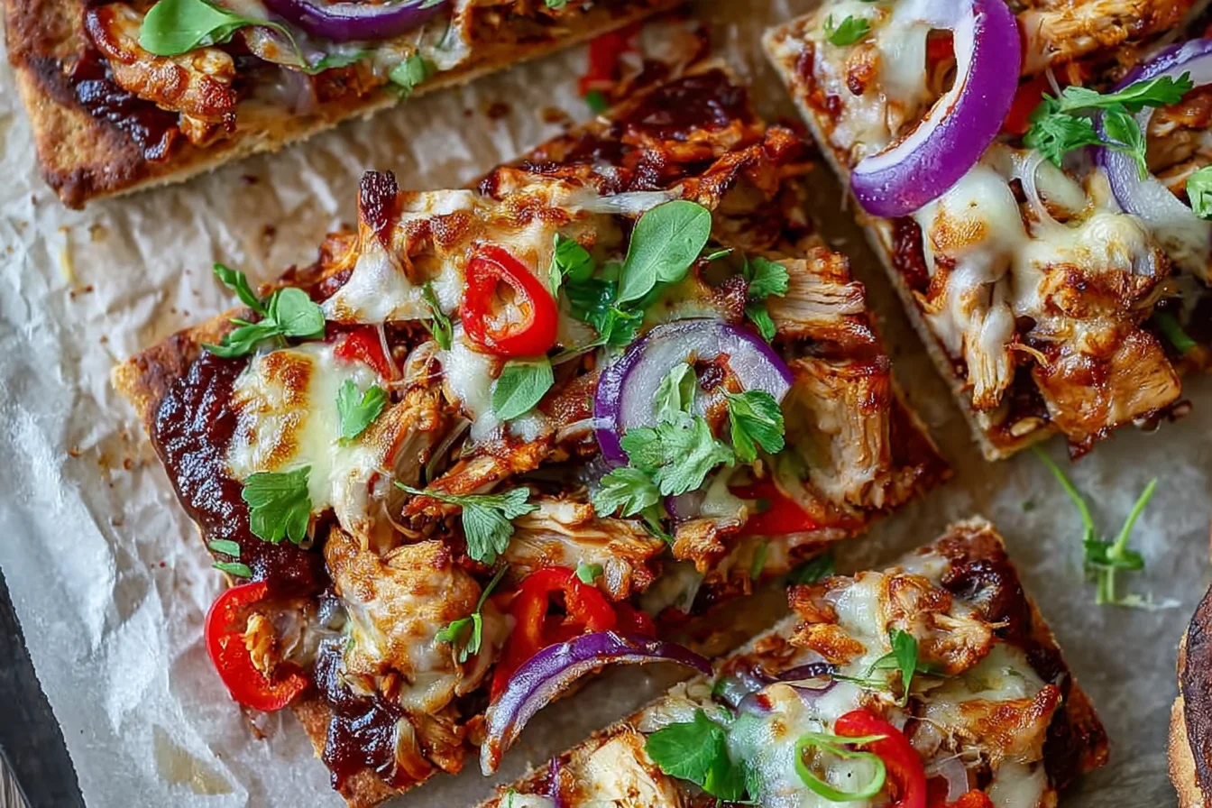 BBQ Chicken Flatbread slices with melted mozzarella, BBQ chicken, red onion, jalapeños, and fresh cilantro on a baking sheet.