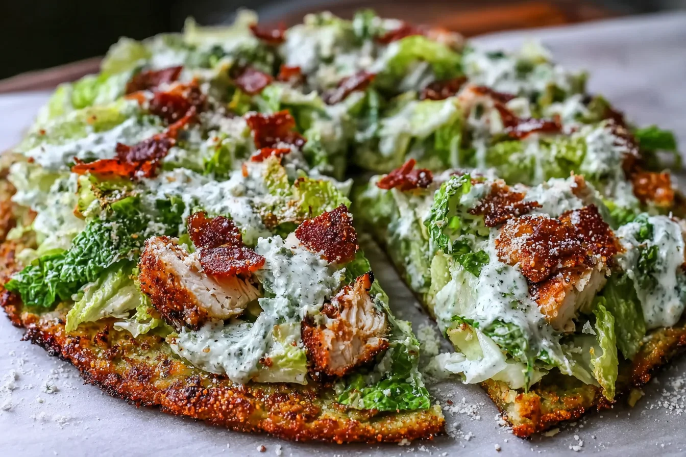 Chicken Crust Caesar Salad Pizza slices on parchment, topped with romaine, creamy Caesar dressing, Parmesan, and crispy chicken bits.