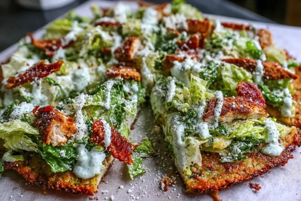 Chicken Crust Caesar Salad Pizza on parchment, cut into slices and piled with romaine, creamy Caesar dressing, Parmesan, and crispy chicken.