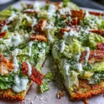 Chicken Crust Caesar Salad Pizza on parchment, cut into slices and piled with romaine, creamy Caesar dressing, Parmesan, and crispy chicken.