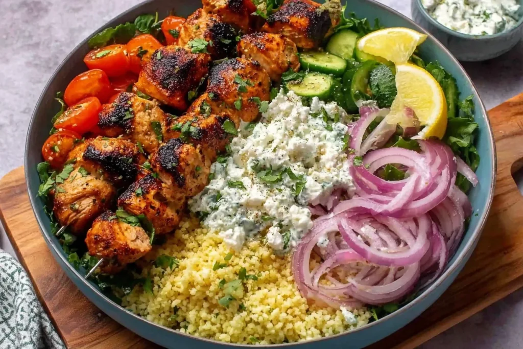 Chicken Skewer Mediterranean Bowl with char-grilled chicken skewers, fluffy couscous, creamy tzatziki, cherry tomatoes, cucumbers, and pickled red onions.