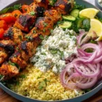 Chicken Skewer Mediterranean Bowl with char-grilled chicken skewers, fluffy couscous, creamy tzatziki, cherry tomatoes, cucumbers, and pickled red onions.