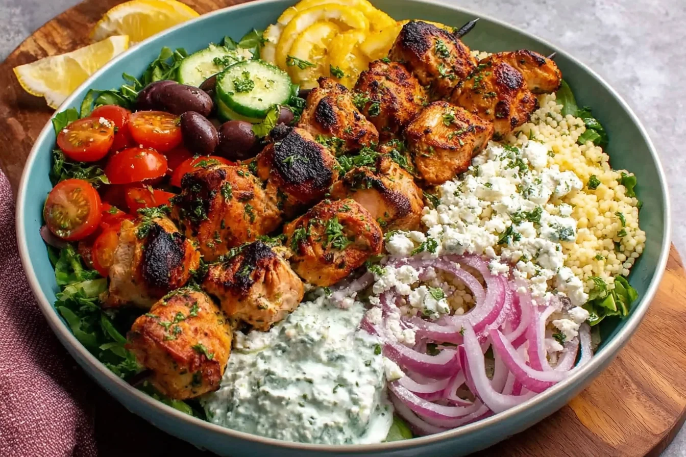Chicken Skewer Mediterranean Bowl with grilled chicken skewers, couscous, tzatziki, pickled red onions, cucumbers, tomatoes, olives, and lemon.