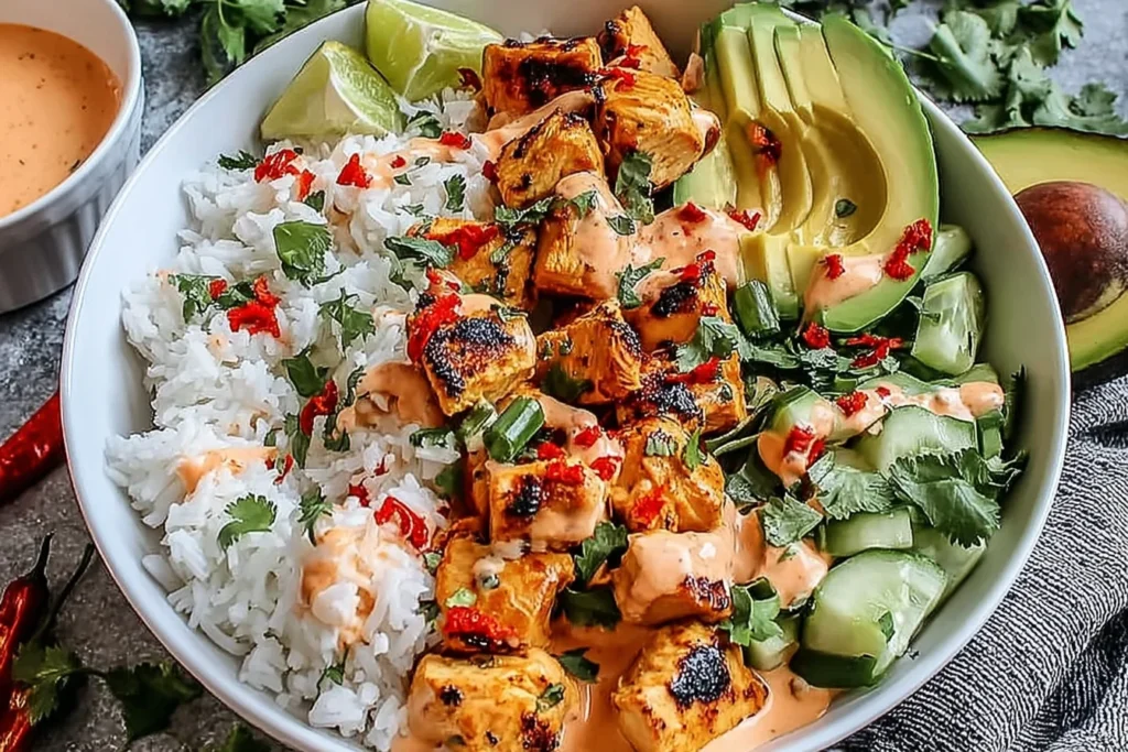 Coconut Chicken Rice Bowl with charred chicken cubes, fluffy jasmine rice, sliced avocado, cucumber, cilantro, chili flakes, and creamy coconut sauce.