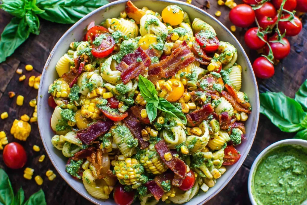 Corn Pasta Salad with Bacon in a large bowl with sweet corn, cherry tomatoes, fresh basil, and creamy pesto dressing.