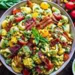 Corn Pasta Salad with Bacon in a large bowl with sweet corn, cherry tomatoes, fresh basil, and creamy pesto dressing.