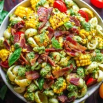 Corn Pasta Salad with Bacon tossed with sweet corn, cherry tomatoes, basil, and creamy pesto dressing in a bowl.