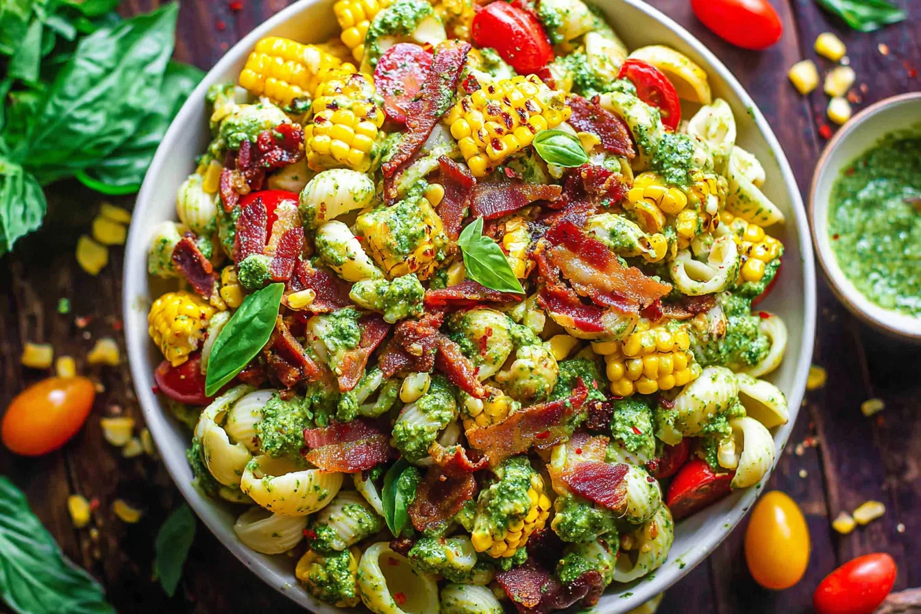 Corn Pasta Salad with Bacon tossed with sweet corn, cherry tomatoes, basil, and creamy pesto dressing in a bowl.