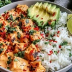 Coconut Chicken Rice Bowl with creamy coconut sauce, grilled chicken, fluffy white rice, avocado slices, cilantro, chili flakes, and lime wedges.