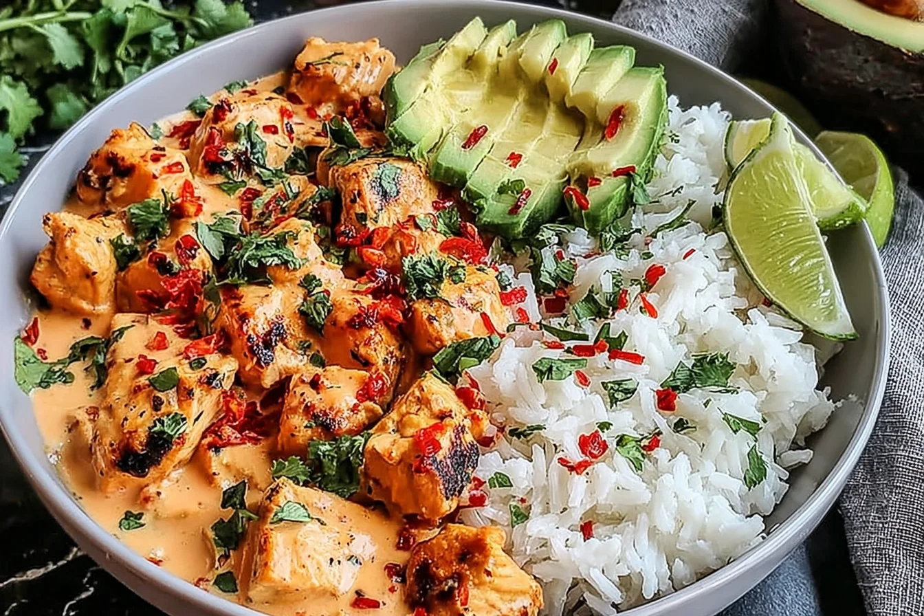 Coconut Chicken Rice Bowl with creamy coconut sauce, grilled chicken, fluffy white rice, avocado slices, cilantro, chili flakes, and lime wedges.