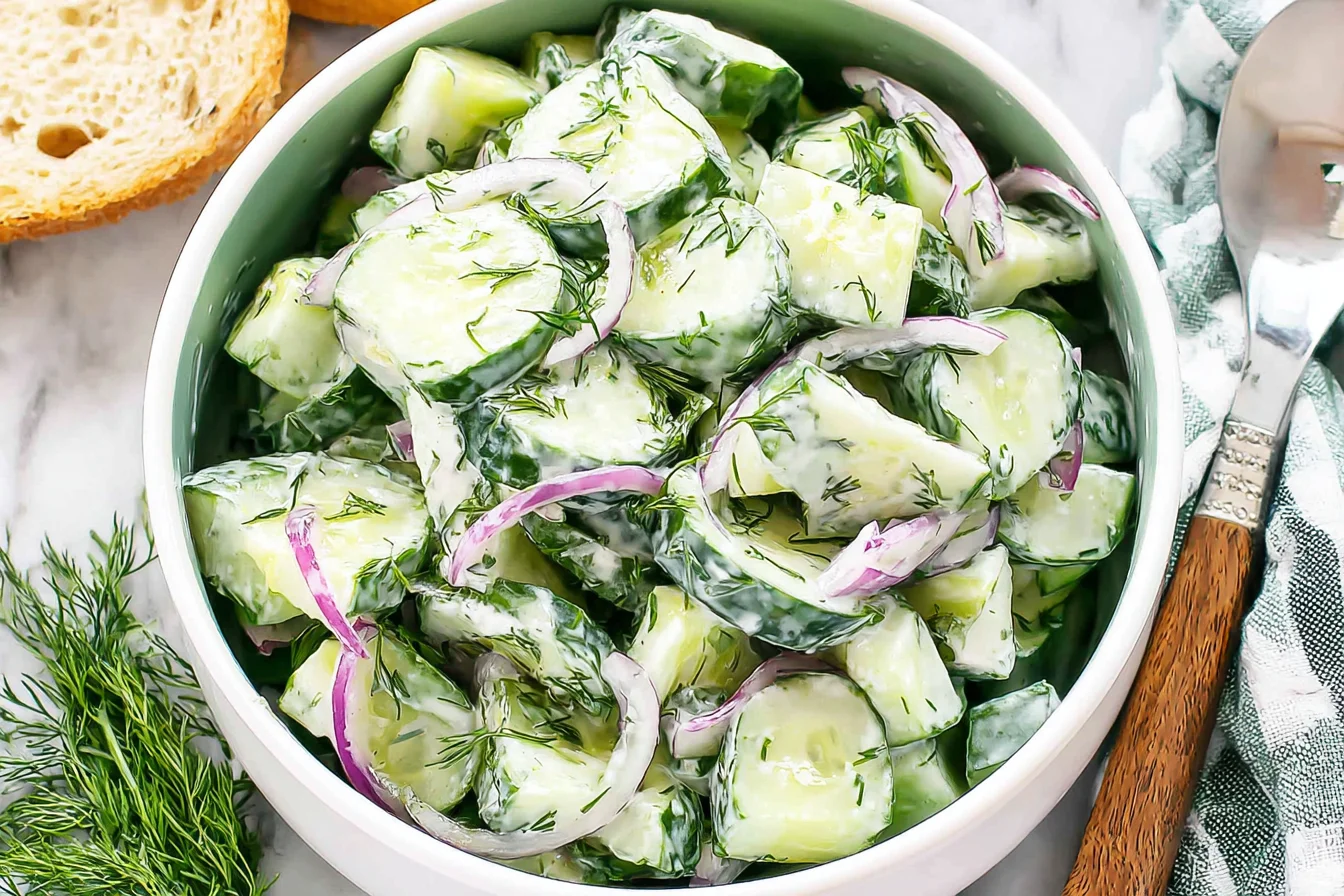 Creamy Cucumber Dill Salad with sliced cucumbers, red onion, and fresh dill in a bowl.