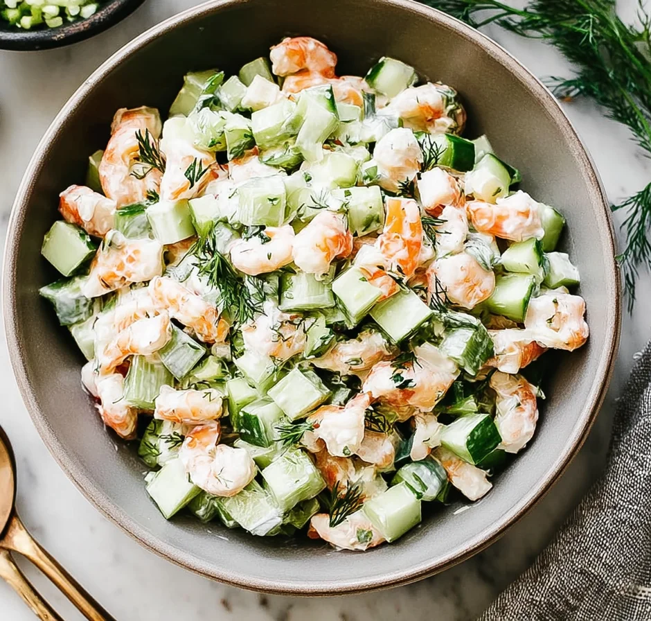 Cucumber Shrimp Salad in a bowl with creamy lime-dill dressing, diced cucumber, and tender shrimp—fresh, light, and ready for summer lunches.