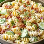 Creamy Dill Pickle Bacon Pasta Salad with rotini, crunchy cucumbers, diced pickles, red onion, cheddar, and fresh dill in a bowl.