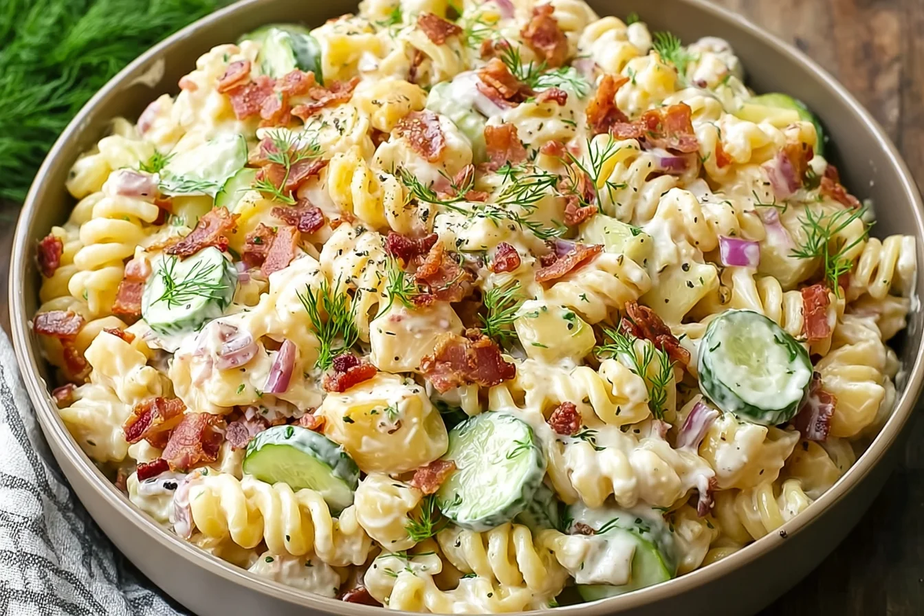 Creamy Dill Pickle Bacon Pasta Salad with rotini, crunchy cucumbers, diced pickles, red onion, cheddar, and fresh dill in a bowl.