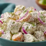 Creamy Jamaican Potato Salad in a blue bowl with sweet potato chunks, red onion slices, and fresh herb garnish.
