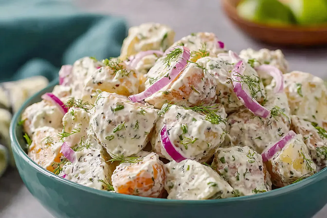 Creamy Jamaican Potato Salad in a blue bowl with sweet potato chunks, red onion slices, and fresh herb garnish.