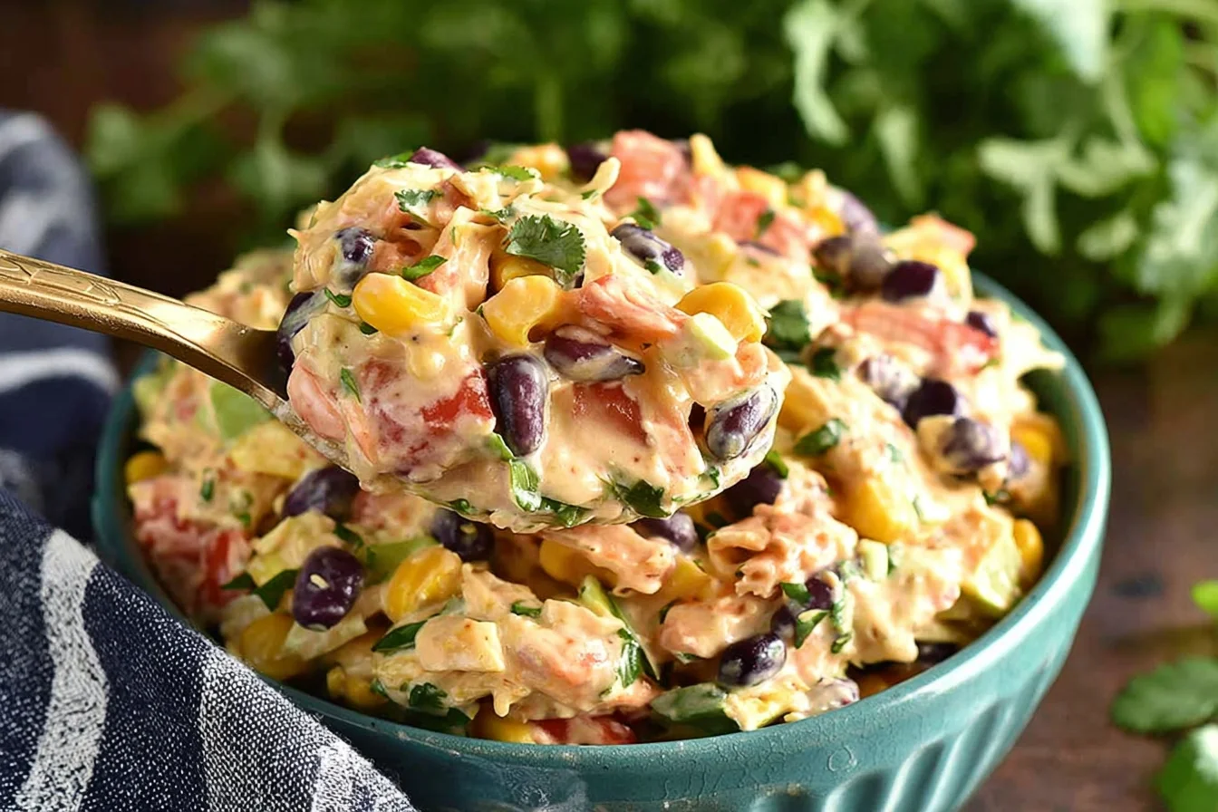 Mexican Coleslaw in a teal bowl—creamy cabbage slaw with black beans, charred corn, red pepper, cilantro, and lime dressing on a spoon.