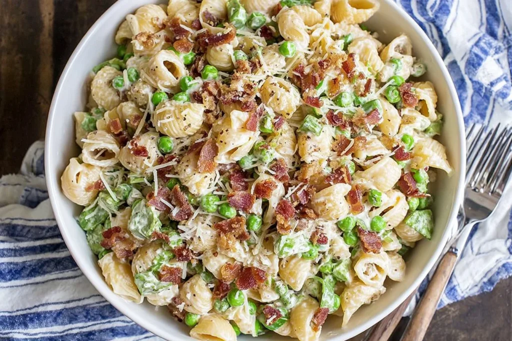 Creamy Pasta Salad in a large bowl with shell pasta, sweet peas, crispy bacon, and parmesan tossed in a creamy dressing.