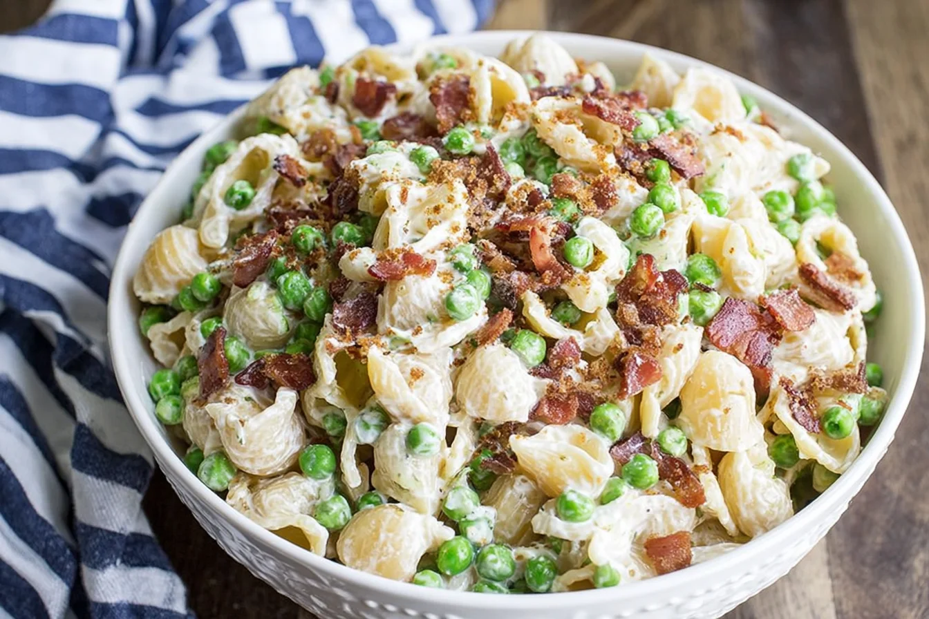 Creamy Pasta Salad with bacon, peas, and parmesan in a tangy creamy dressing, served in a white bowl.