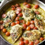 Creamy Pesto Chicken simmering in a skillet with cherry tomatoes and basil in a creamy pesto sauce.