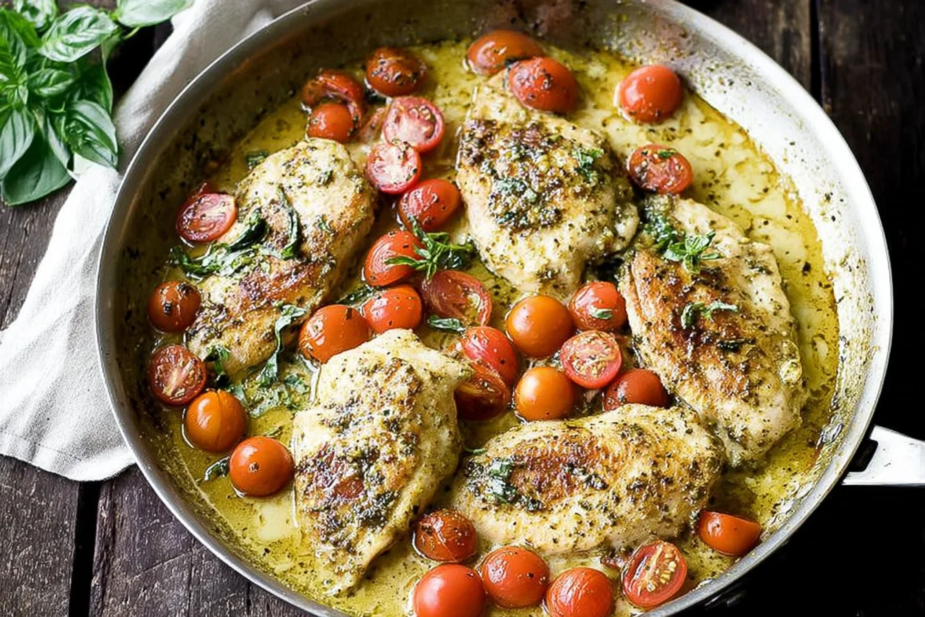 Creamy Pesto Chicken simmering in a skillet with cherry tomatoes and basil in a creamy pesto sauce.