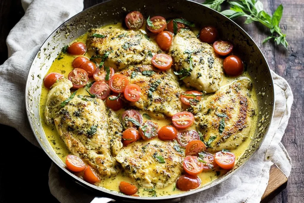 Creamy Pesto Chicken in a skillet with creamy pesto sauce, seared chicken breasts, cherry tomatoes, and fresh basil.