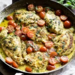 Creamy Pesto Chicken in a skillet with creamy pesto sauce, seared chicken breasts, cherry tomatoes, and fresh basil.