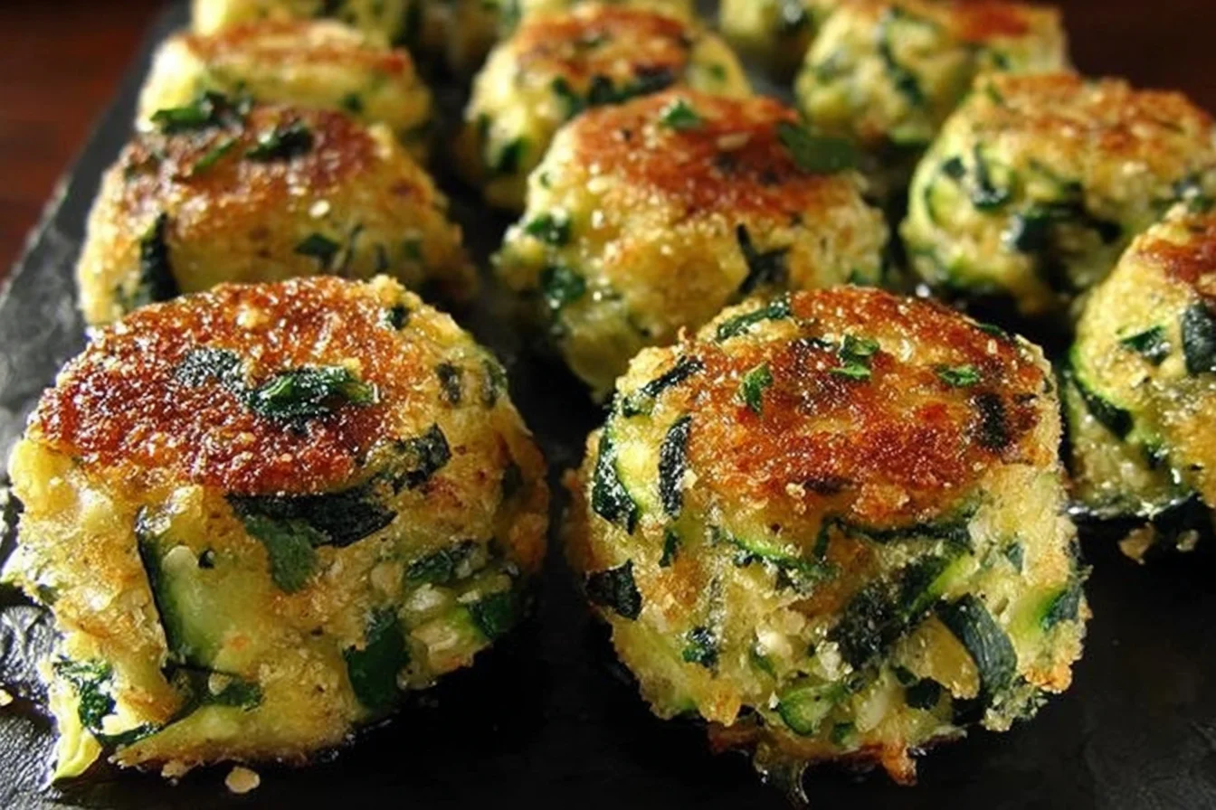 Crispy baked Zucchini Garlic Bites with parmesan, herbs, and golden tops on a dark serving tray.