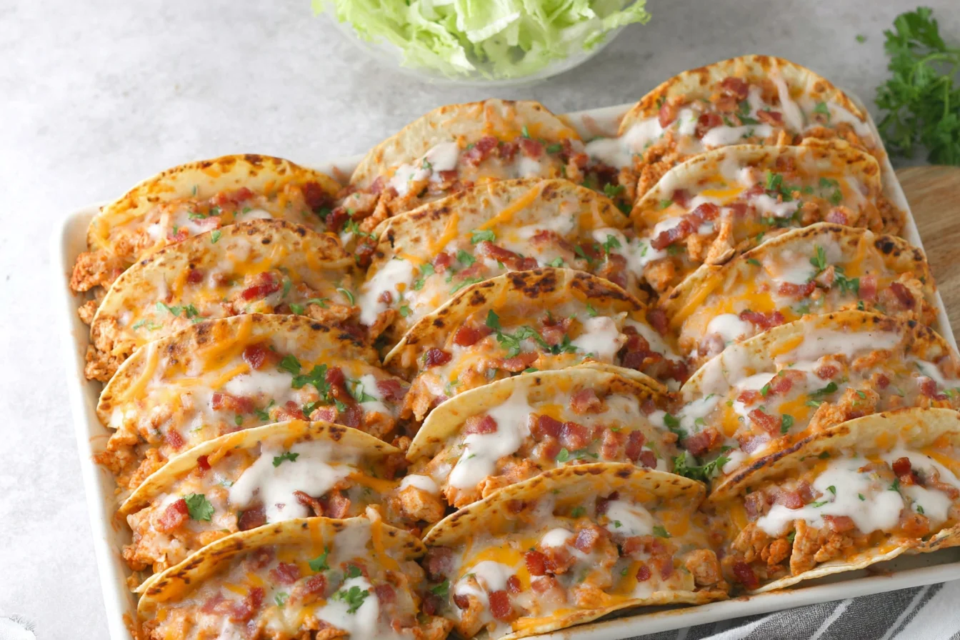 Baked Chicken Bacon Ranch Tacos baked crispy in a casserole dish with melted cheese, bacon crumbles, and ranch drizzle.